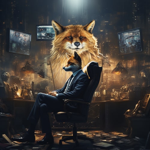Lis siedzący na krześle przed wieloma monitorami wyświetlającymi informacje | Fox Funds AI